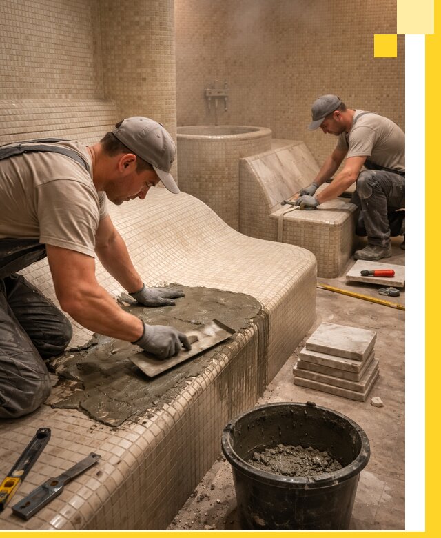 Лежаки для хамама под ключ в Южном-Сахалинске, проект и монтаж